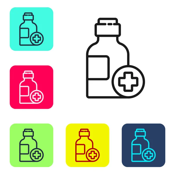 Black Line Bottle Medicine Syrup Icon Isolated White Background Set — Stock Vector