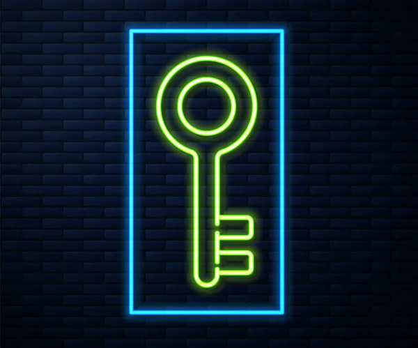 Gloeiende Neon Lijn Huis Sleutel Pictogram Geïsoleerd Baksteen Muur Achtergrond — Stockvector