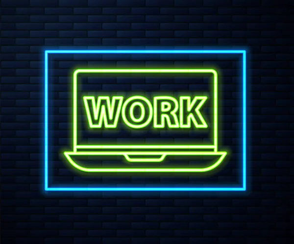 Świecący Neon Linii Laptop Ikoną Pracy Tekstu Izolowane Tle Cegły — Wektor stockowy