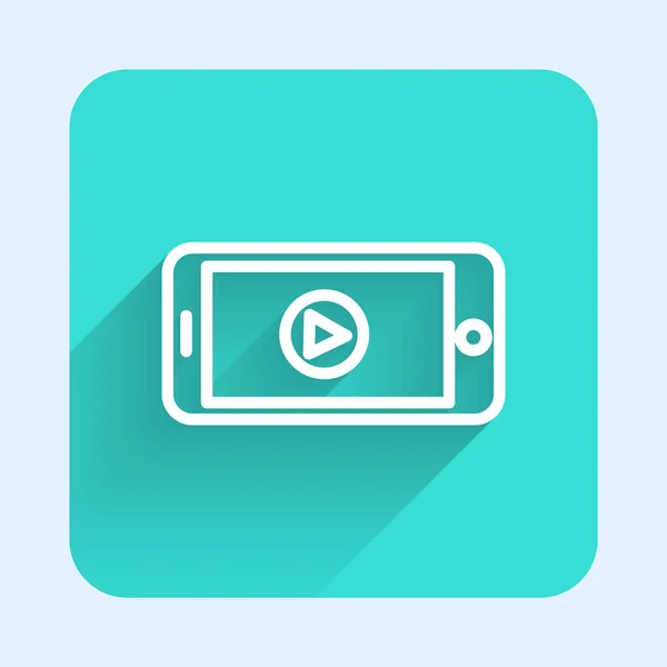 白い線長い影で隔離されたオンライン再生ビデオアイコン プレイサイン付きのスマートフォンやフィルムストリップ 緑の四角形のボタン ベクターイラスト — ストックベクタ