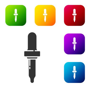 Siyah Pipette simgesi beyaz arkaplanda izole edildi. Tıbbi elementler, kimya laboratuarı ekipmanları. Damlalı boru. Tıp sembolü. Renkli kare düğmelerle simgeleri ayarla. Vektör İllüstrasyonu.