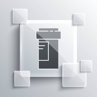 Grey Medicine şişe ikonu gri arkaplanda izole edilmiş. Şişe hapı işareti. Eczane tasarımı. Kare cam paneller. Vektör İllüstrasyonu.