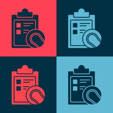 Pop Art Checklist panosu ve tenis topu ikonu renk arkaplanında izole edildi. Spor malzemeleri. Vektör İllüstrasyonu.