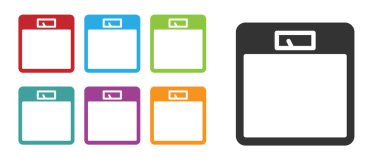 Siyah banyo ölçekli ikon beyaz arka planda izole edilmiş. Ağırlık ölçme ekipmanı. Ağırlık ölçeği spor konsepti. Simgeleri renklendirin. Vektör İllüstrasyonu.