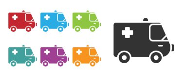 Siyah ambulans ve acil durum arabası ikonu beyaz arka planda izole edildi. Ambulans aracı tıbbi tahliye. Simgeleri renklendirin. Vektör İllüstrasyonu.