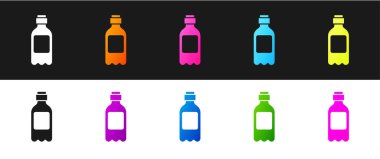Siyah beyaz arkaplanda izole edilmiş bir şişe su ikonu ayarla. Soda su içme tabelası. Vektör İllüstrasyonu.