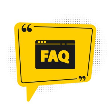 Siyah Tarayıcı SSS simgesi beyaz arkaplanda izole edildi. İnternet iletişim protokolü. Sarı konuşma balonu sembolü. Vektör İllüstrasyonu.