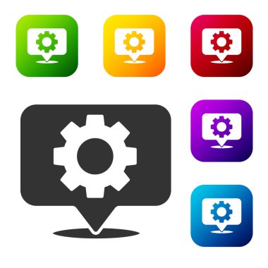 Siyah konum beyaz arka planda izole edilmiş dişli simgesi. Renkli kare düğmelerle simgeleri ayarla. Vektör İllüstrasyonu.