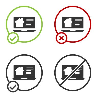Laptop ikonundaki Black Online emlak evi beyaz arka planda izole edilmiş. Ev kredisi konsepti, kira, satın alma, mülk alma. Çember düğmesi. Vektör İllüstrasyonu.