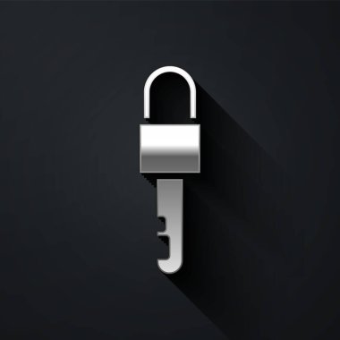 Gümüş Kilitli anahtar simgesi siyah arkaplanda izole edildi. Uzun gölge tarzı. Vektör İllüstrasyonu.