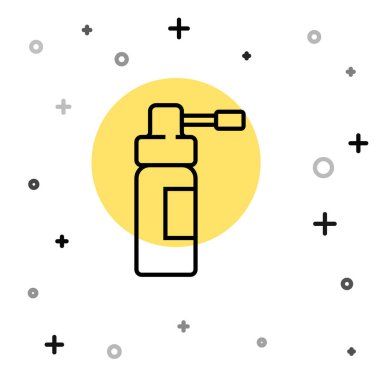 Beyaz arka planda izole edilmiş burun ve boğaz ikonu hastalıklarının tedavisi için başlıklı siyah çizgi tıp şişesi. Rastgele dinamik şekiller. Vektör İllüstrasyonu.