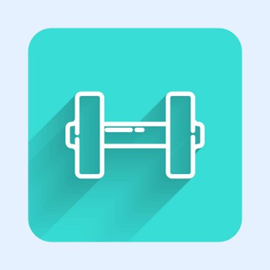 Beyaz çizgi Dumbbell simgesi uzun gölgeli izole edilmiş. Kas kaldırma ikonu, fitness halteri, spor aletleri, egzersiz yaban domuzu. Yeşil kare düğmesi. Vektör İllüstrasyonu.