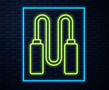 Parlayan neon hattı duvarın arkasında izole edilmiş ip atlama simgesi. İp atlıyorum. Spor malzemeleri. Vektör İllüstrasyonu.