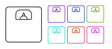 Siyah çizgi banyo ölçekli simge beyaz arka planda izole edildi. Ağırlık ölçme ekipmanı. Ağırlık ölçeği spor konsepti. Simgeleri renklendirin. Vektör İllüstrasyonu.