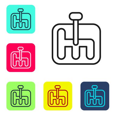 Siyah çizgi vites değiştiren simgesi beyaz arkaplanda izole edildi. İletişim simgesi. Renkli kare düğmelerle simgeleri ayarla. Vektör İllüstrasyonu.