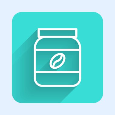 Beyaz çizgi kahve kavanozu ikonu uzun gölgeli. Yeşil kare düğmesi. Vektör İllüstrasyonu.