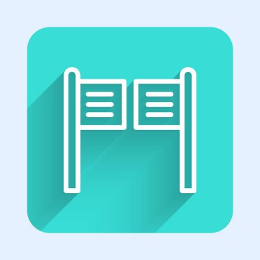 Beyaz çizgi Eski batı sallanan salon kapısı ikonu uzun gölgeli izole edilmiş. Yeşil kare düğmesi. Vektör İllüstrasyonu.