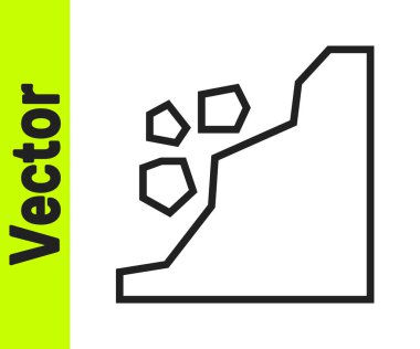 Siyah çizgi heyelan simgesi beyaz arkaplanda izole edildi. Taşlar kayadan düşer. Kayalar tepeden aşağı yuvarlanıyor. Kaya gibi. Vektör İllüstrasyonu.