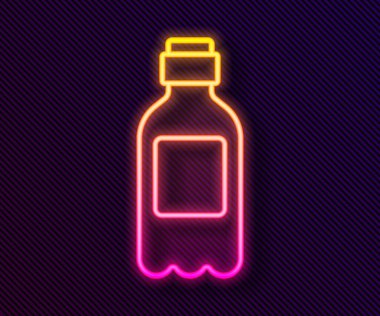 Parlayan neon hattı. Siyah arka planda izole edilmiş bir su ikonu şişesi. Soda su içme tabelası. Vektör İllüstrasyonu.