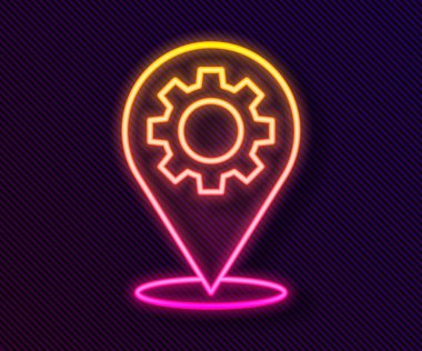 Siyah zemin üzerinde dişli simgesi olan parlak neon hattı konumu. Vektör İllüstrasyonu.