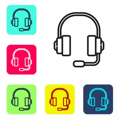 Siyah çizgi kulaklık simgesi beyaz arkaplanda izole edildi. Müşteri hizmetleri, yardım hattı, çağrı merkezi, faq, bakım. Renkli kare düğmelerle simgeleri ayarla. Vektör İllüstrasyonu.