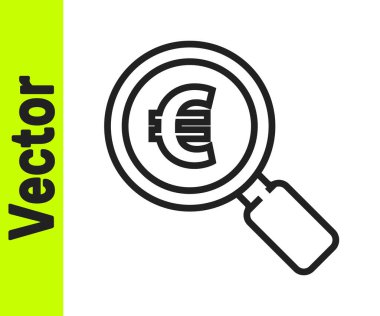 Siyah çizgi büyüteç ve Avro sembolü beyaz arka planda izole edilmiş. Para bul. Para arıyorum. Vektör İllüstrasyonu.