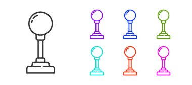 Atari makinesi simgesi için siyah çizgi Joystick beyaz arkaplanda izole edildi. Joystick oyun alanı. Simgeleri renklendirin. Vektör İllüstrasyonu.