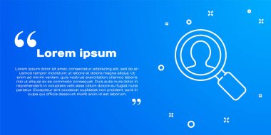 Mavi arka planda izole edilmiş bir insan simgesini aramak için beyaz çizgi büyüteç. İşe alma ya da seçme. Çalışanları ve işi ara. Vektör İllüstrasyonu.