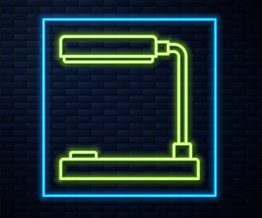 Parlak neon çizgili masa lambası ikonu tuğla duvar arka planında izole edildi. Ofis lambası. Vektör İllüstrasyonu.