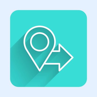 Uzun gölgeli beyaz çizgi haritası simgesi. Navigasyon, işaret, konum, harita, GPS, yön, yer, pusula, arama konsepti. Yeşil kare düğmesi. Vektör İllüstrasyonu.