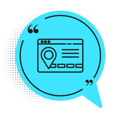 Şehir haritası yön bulma simgesinin siyah çizgi bilgileri beyaz arkaplanda izole edildi. Mobil Uygulama Arayüzü tasarımı. Coğrafi konsept. Mavi konuşma balonu sembolü. Vektör İllüstrasyonu.