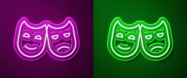Parlak neon çizgisi komedi ve trajedi teatral maske ikonu mor ve yeşil arka planda izole edildi. Vektör İllüstrasyonu.