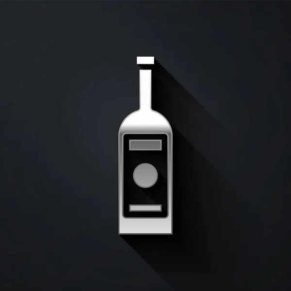 Zilveren Fles Wodka Icoon Geïsoleerd Zwarte Achtergrond Lange Schaduw Stijl — Stockvector