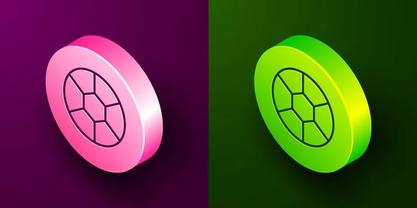 等距线足球图标隔离在紫色和绿色背景 运动器材 圆形按钮 病媒图解 — 图库矢量图片