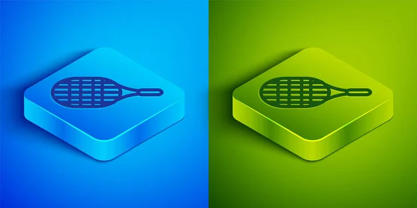 Icono Raqueta Tenis Línea Isométrica Aislado Sobre Fondo Azul Verde — Vector de stock