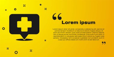 Sarı zemin üzerinde hastane simgesi olan siyah tıbbi harita işaretçisi. Vektör İllüstrasyonu.