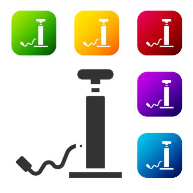 Siyah araba hava pompası ikonu beyaz arka planda izole edildi. Renkli kare düğmelerle simgeleri ayarla. Vektör İllüstrasyonu.