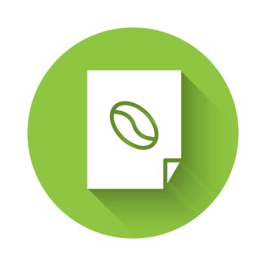 Uzun gölgeli beyaz kahve poster ikonu. Yeşil daire düğmesi. Vektör İllüstrasyonu.