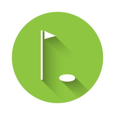 Uzun gölgeli beyaz golf bayrağı simgesi. Golf ekipmanı ya da aksesuar. Yeşil daire düğmesi. Vektör İllüstrasyonu.