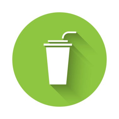 Saman içen beyaz kağıt bardak ve uzun gölgeli su ikonu. Soda bardağı. Taze soğuk içecek sembolü. Yeşil daire düğmesi. Vektör İllüstrasyonu.