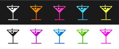 Martini cam simgesini siyah beyaz arka planda yalıtılmış olarak ayarlayın. Kokteyl simgesi. Şarap bardağı simgesi. Vektör İllüstrasyonu.