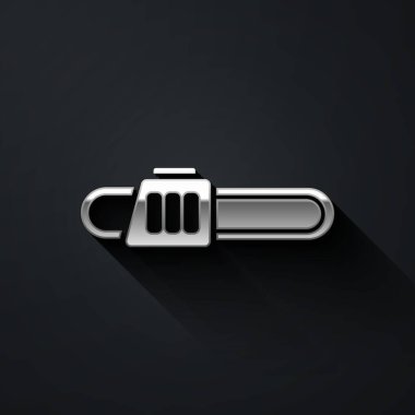 Gümüş testere simgesi siyah arka planda izole edildi. Uzun gölge tarzı. Vektör İllüstrasyonu.