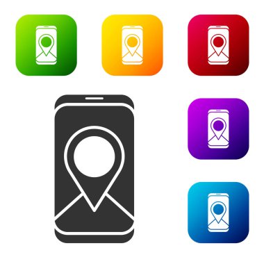 Şehir haritası yön bulma simgesinin siyah bilgileri beyaz arkaplanda izole edildi. Mobil Uygulama Arayüzü tasarımı. Coğrafi konsept. Renkli kare düğmelerle simgeleri ayarla. Vektör İllüstrasyonu.