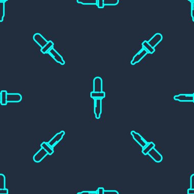 Yeşil çizgi simgesi Pipette mavi arka planda izole edilmiş kusursuz desen. Tıbbi elementler, kimya laboratuarı ekipmanları. Damlalı boru. Tıp sembolü. Vektör İllüstrasyonu.