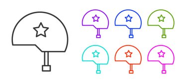 Siyah çizgi askeri miğfer ikonu beyaz arka planda izole edildi. Ordu şapkasının savunma ve koruma sembolü. Koruyucu şapka. Simgeleri renklendirin. Vektör İllüstrasyonu.