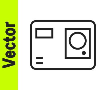 Siyah çizgi Eylem ekstrem kamera simgesi beyaz arkaplanda izole edildi. Ekstrem sporları çekmek için video kamera ekipmanı. Vektör İllüstrasyonu.