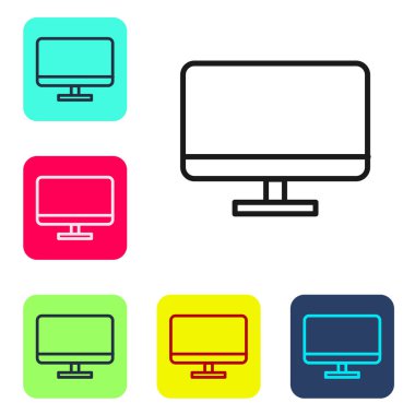 Siyah çizgi bilgisayar ekranı ekranı simgesi beyaz arkaplanda izole edildi. Elektronik cihaz. Ön manzara. Renkli kare düğmelerle simgeleri ayarla. Vektör İllüstrasyonu.