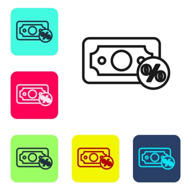 Siyah çizgi Para yüzde ikonu beyaz arka planda izole. Yüzde sadakat cüzdanı. Renkli kare düğmelerle simgeleri ayarla. Vektör İllüstrasyonu.