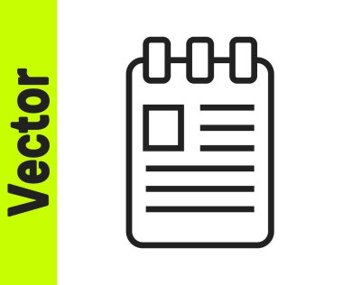 Siyah çizgi Not Defteri simgesi beyaz arkaplanda izole edildi. Spiral not defteri simgesi. Okul defteri. Yazı tahtası. Okul günlüğü. Vektör İllüstrasyonu.