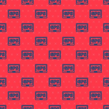 Harita simgesine sahip mavi çizgi GPS cihazı kırmızı arkaplanda izole edilmiş pürüzsüz desen. Vektör İllüstrasyonu.